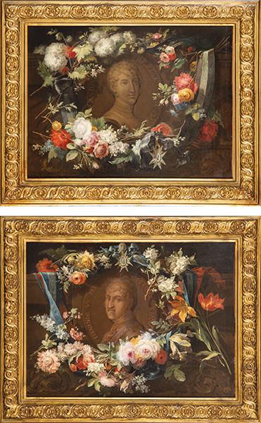 MIGUEL PARRA ABRIL - Pareja de orlas flores con los retratos de Fernando VII y la Princesa de Asturias Maria Antonia de Nápoles