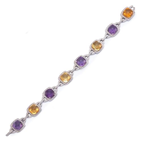 Pulsera con cuarzos citrinos y amatistas facetados con orla de brillantitos de aprox. 2,95 ct en total.