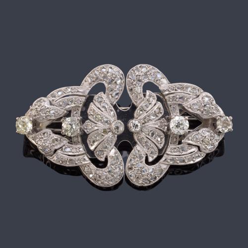  Broche doble - clip con diamantes talla antigua y rosa de aprox. 1,60 ct en total.