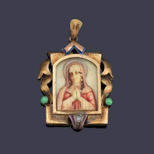  Medalla modernista catalana con La Imagen de La Virgen policromada, con turquesas y diamantes talla rosa. Años '30.