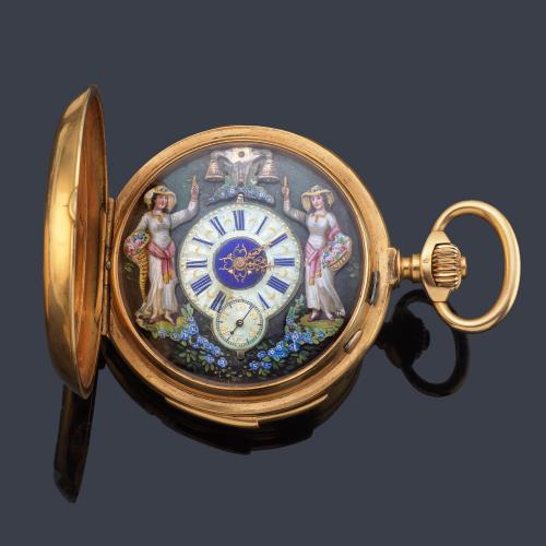 Reloj autómata repetición a minutos, con dos campaneras autómatas, caja en oro de 18 K.