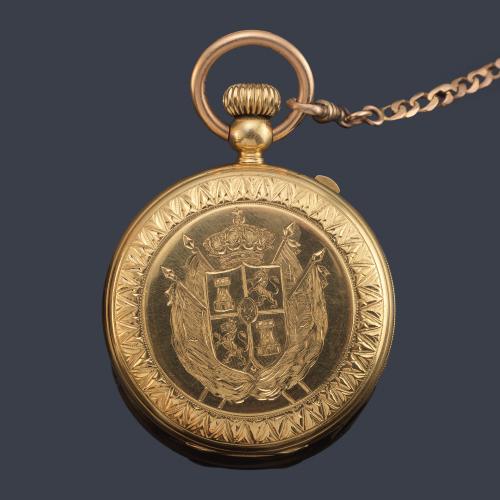 F. ASSMANN, reloj saboneta con caja y leontina en oro de 18 K.