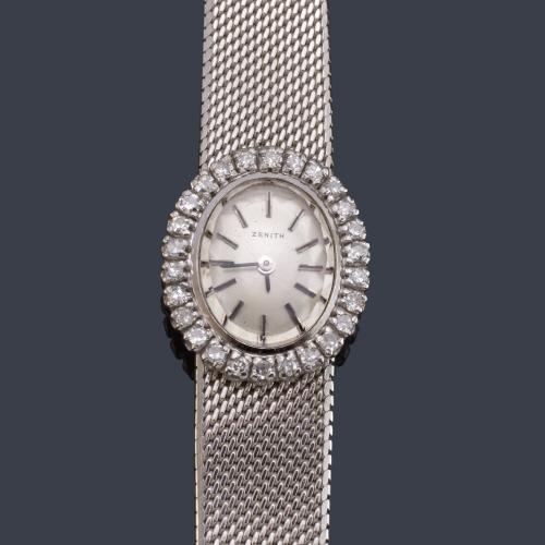 ZENITH de señora con caja y brazalete en oro blanco de 18 K con brillantes.