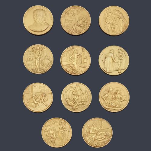 Coleccion de 11 monedas "Le Decameron" en plata vermeil con estuche y certificado.