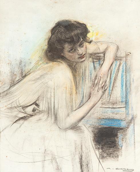 RAMÓN CASAS - Dama recostada sobre una silla