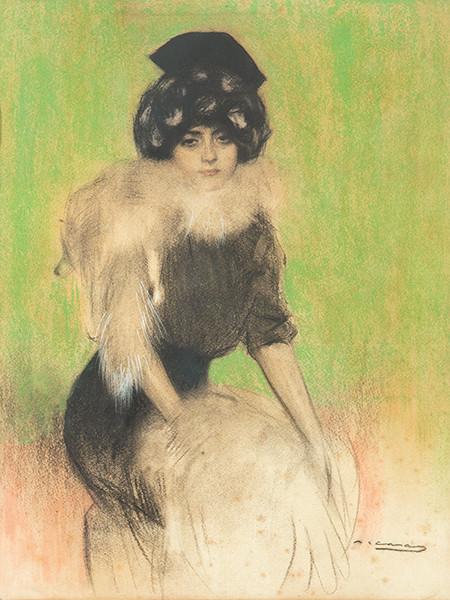 RAMÓN CASAS - Dama elegante con chal de armiño