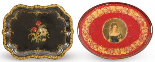 Dos bandejas de metal una pintada y la otra lacada y pintada, Francia S. XIX.