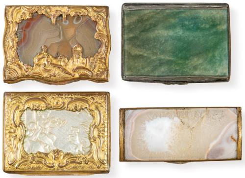 Cuatro cajas de diversos materiales francesas, dos del siglo XVIII y dos del siglo XX.