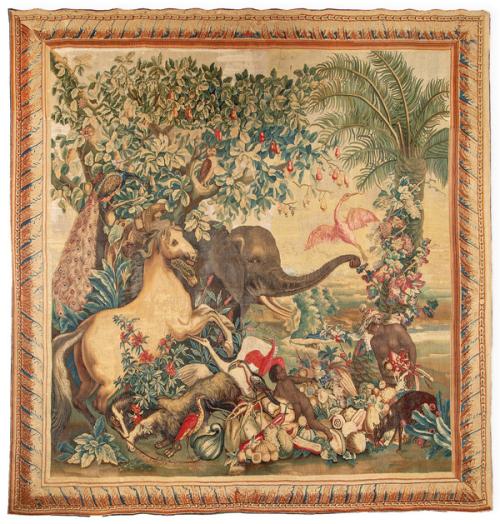 Tapiz exótico francés de Los Gobelinos hacia 1740, de la serie "Las Nuevas Indias", sobre cartones de Alejandre-François Desportes