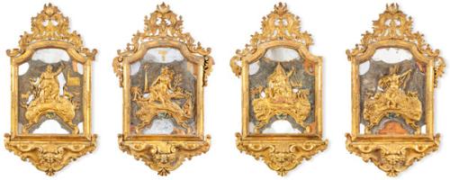 Juego de cuatro cornucopias, posiblemente venecianas c. 1730. En madera que representan los cuatro continentes (Europa, Asia, África y América)