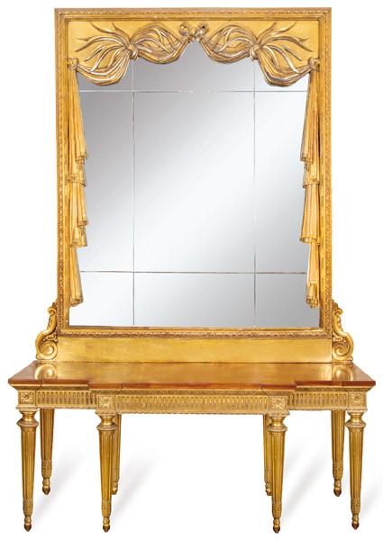 Consola y espejo estilo Luis XVI en madera tallada y dorada