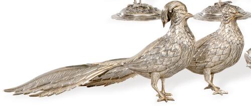 Pareja de faisanes de plata española punzonada 1ª Ley.