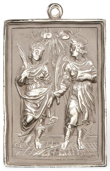 "Dos Santos Mártires" placa devocional de plata española punzonada (ilegible).