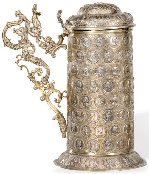 Gran tankard conmemorativo de metal plateado del Sacro Imperio Romano Germánico S. XIX