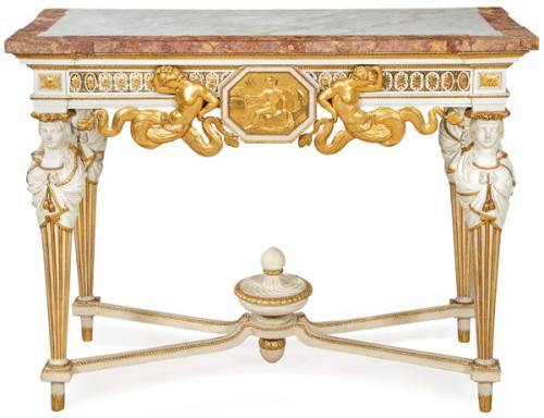 Consola Neoclásica en madera tallada, pintada y dorada, con patas en forma de cariátides, con cuerpo acanalado y unidas por chambrana en X. Tapa de mármol. Italia, principios S. XIX