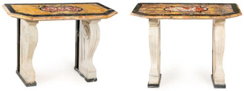 Pareja de consolas estilo neoclásico con tapa antigua en mármoles de diferentes tipos sobre pedestales en forma de ménsulas de granito esculpido y mármol negro.