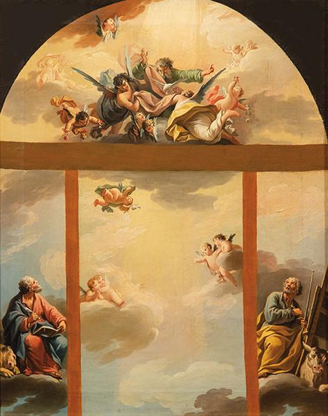 ZACARÍAS GONZÁLEZ VELÁZQUEZ - Estudio o boceto de techo con Padre Eterno rodeado de ángeles y los Evangelistas Marcos y Lucas