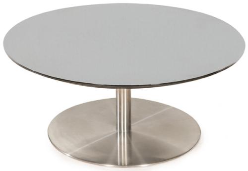  Mesa de centro de CASA MILANO, con tapa circular de cristal de espejo negro y estructura de acero.