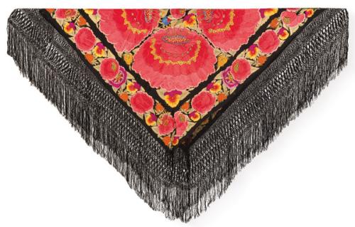 Mantón de Manila de seda natural negro con bordados de colores de flores grandes