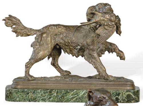 "Perro con Faisán en la Boca" en metal patinado, S. XIX.