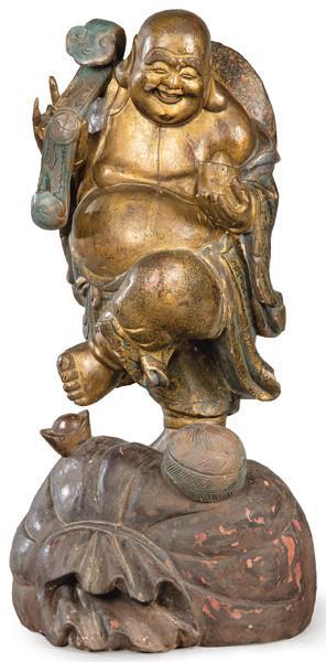   Ho-Shang de madera tallado, policromado y dorado China mediados S. XX