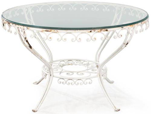 Mesa de jardin con estructura de metal pintado de blanco y tapa circular de vidrio.