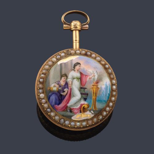 CH. L. Roy, reloj de colgar catalina con caja en oro amarillo de 18 K, esmalte y perlitas.