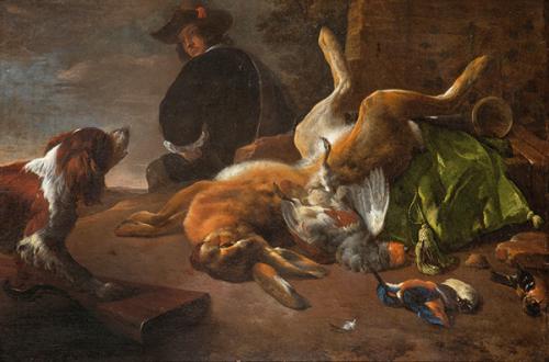 ESCUELA NEERLANDESA S. XVII - Naturaleza muerta con cazador