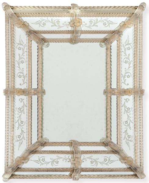 Espejo rectangular veneciano en vidrio soplado y grabado con piedra arenisca de Murano.