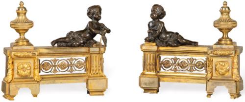 Pareja de morillos de bronce dorado y patinado, Francia S. XIX.