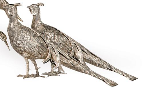 Pareja de faisanes de plata española punzonada 1ª Ley.