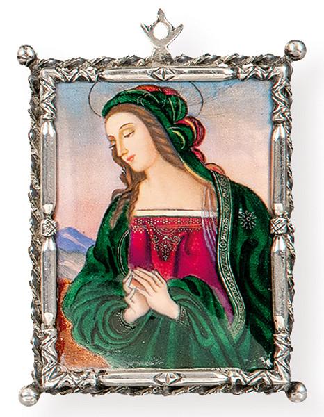Medallón rectangular de plata española punzonada 1ª Ley de López y esmalte con una Virgen de estilo italiano.