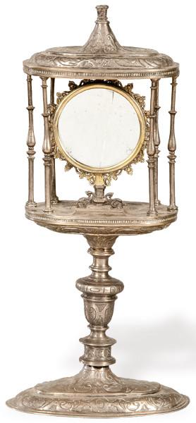 Custodia portatil de plata española punzonada parcialmente dorada, moldeada, torneada, fundida, relevada, grabada y picada de lustre, Zaragoza obra del platero Miguel Coubels  (Tronchón, Zaragoza 1580--1651)