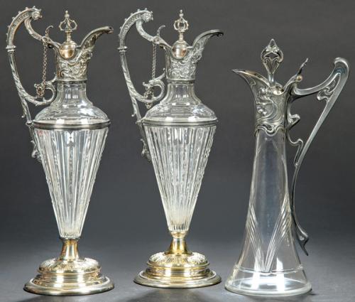 Pareja de jarras jugendstil de cristal y metal de WMF, Alemania h. 1900.