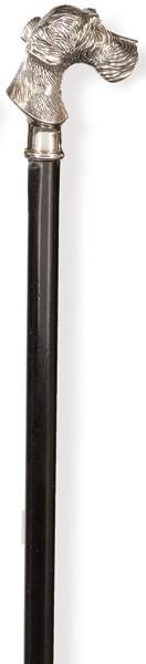 Bastón con empuñadura de plata con marca no identificada representando a un perro terrier.
