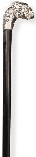 Bastón con empuñadura de plata con marca no identificada representando a un perro bull dog.