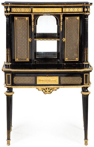  Cabinet Napoleón III, estilo Luis XVI estampillado en la cerradura, Sormani Rue de temple, en madera ebonizada con decoración embutida de latón y madreperla con motivos geométricos y aplicaciones de bronce.