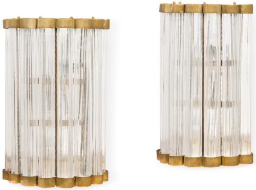 Pareja de apliques semicirculares de pared, formados por tuvos de vidrio de murano sobre estructura de metal.