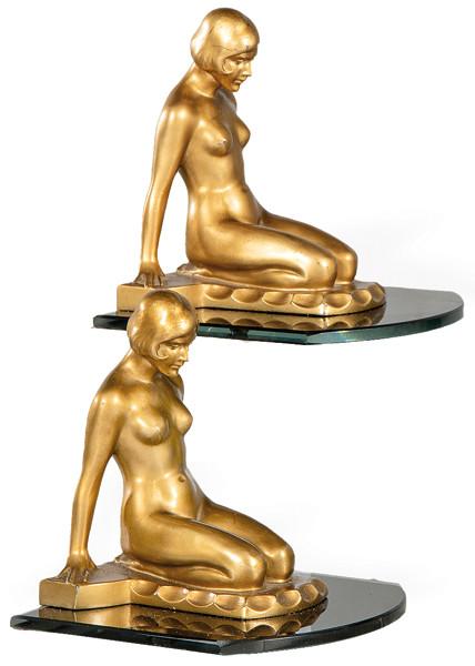 Pareja de mujeres Art Deco sujetalibros en bronce