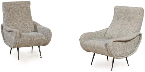 Pareja de butacas estilo Lady siguiendo modelo de Marco Zanuso, con estructura de madera y patas de metal