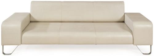 Sofá de 3 plazas de Poltrona Frau en cuero blanco con respaldo abatible, sobre base de acero.