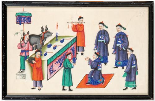 "Festividad con Buey" pintada a gouache sobre papel de arroz, China, Dinastía Qing S. XIX.