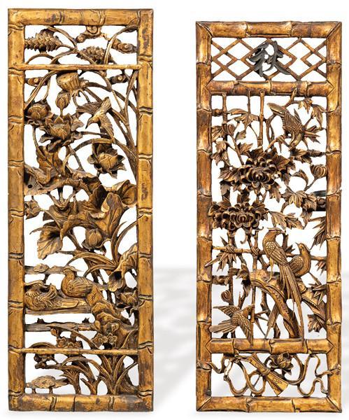  Pareja de paneles de templo chino en madera tallada, calada y dorada, Dinastía Qing S. XIX.