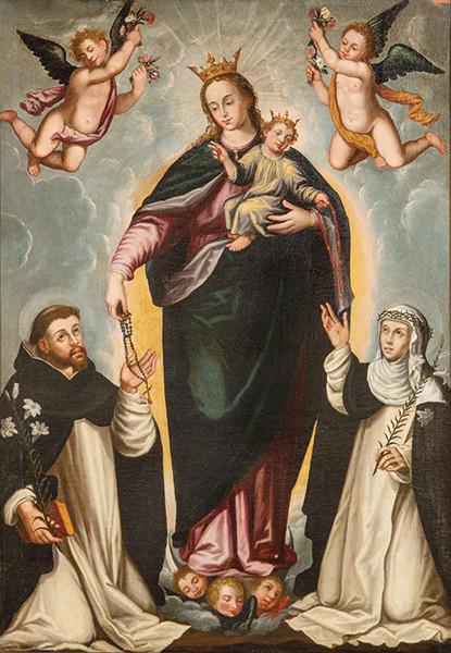 ESCUELA ANDALUZA S. XVII - La Virgen y el Niño entregan el Rosario a Santo Domingo y a Santa Catalina de Siena