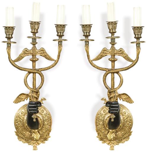  Pareja de apliques de bronce dorado y patinado S. XX.