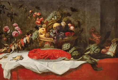 TALLER DE SNYDERS S. XVII - Bodegón con cesto de frutas, bandeja con langosta y loro