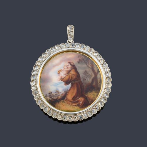 Medalla devocional con la imagen de San Antonio de Padua y el Niño en brazos, pintado a mano. Circa 1920.
