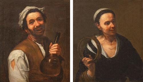 SEGUIDOR DE JOSÉ DE RIBERA S. XVII - El gusto (Alegre bebedor) y el oído (Vieja con una sonaja)