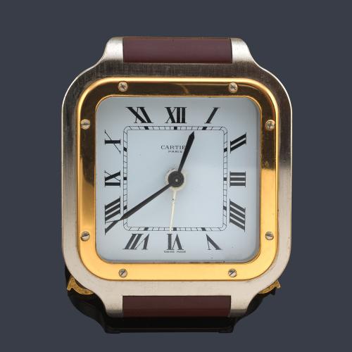  Reloj despertador Cartier Santos con estuche y documentación de revisión.