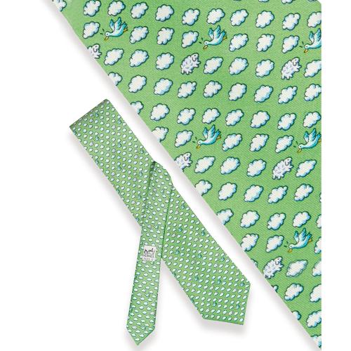 Corbata Hermés con motivos de pájaros sobre fondo verde